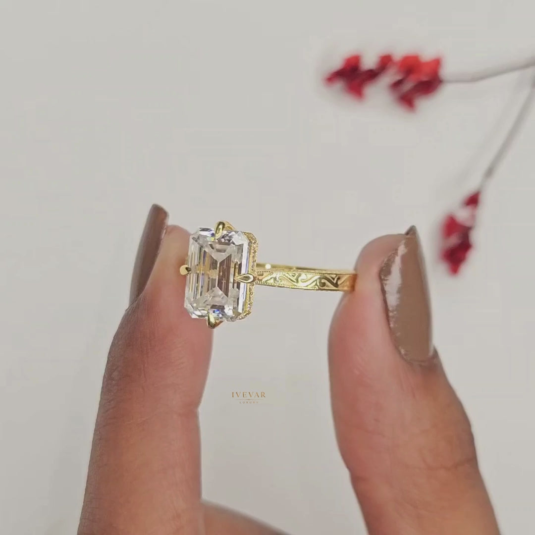 Emerald Cut Moissanite Diamond Ring with Engraved Band and Halo Setting