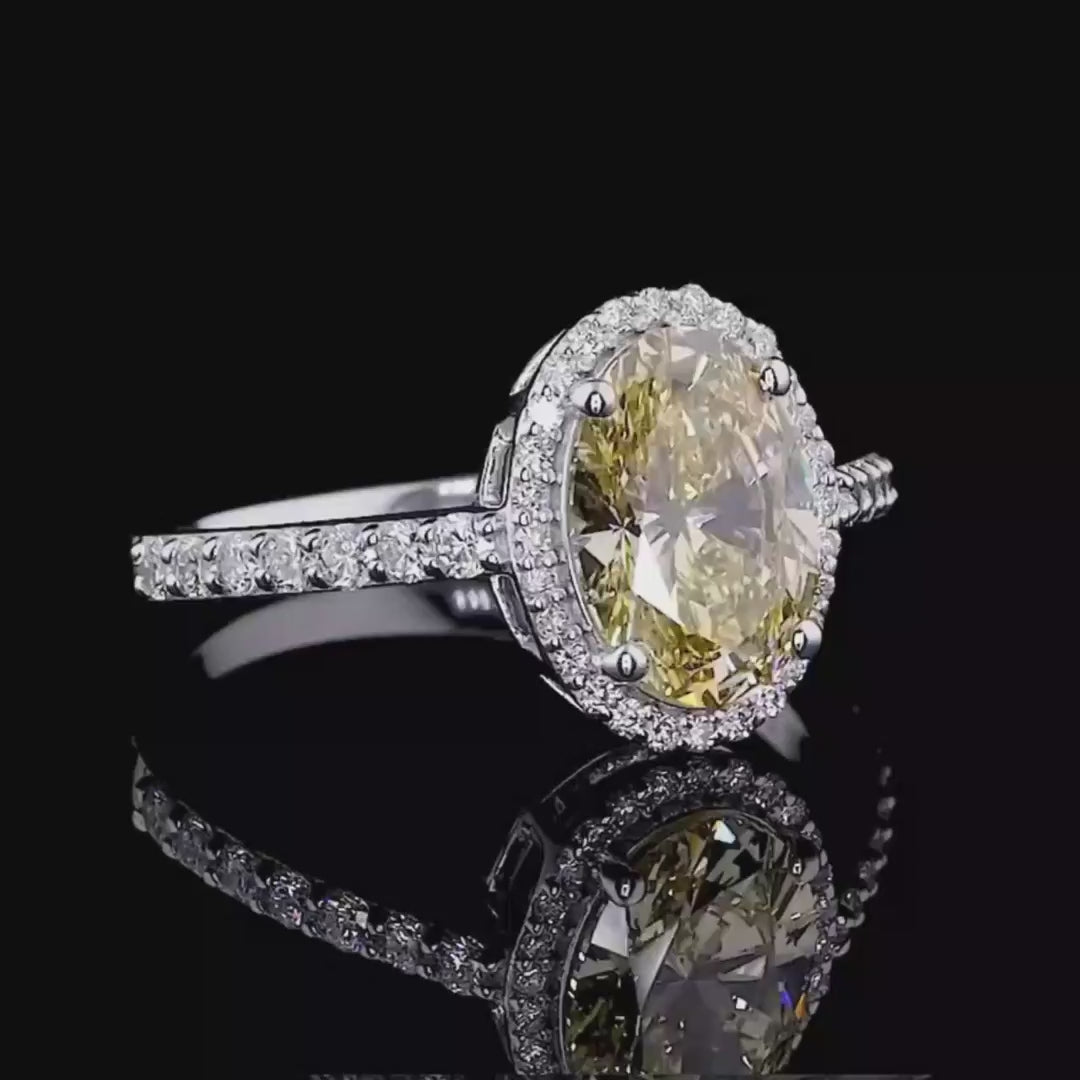 Fancy Vivid Yellow Oval Moissanite Diamond Halo Anniversary Ring With Pave Setting