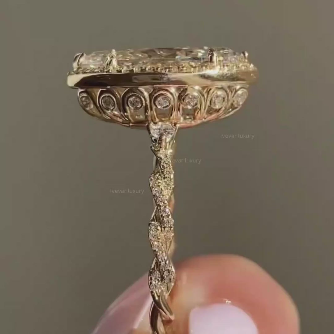 Halo Marquise Cut Lab Diamond Engagement Ring with Pavé Band