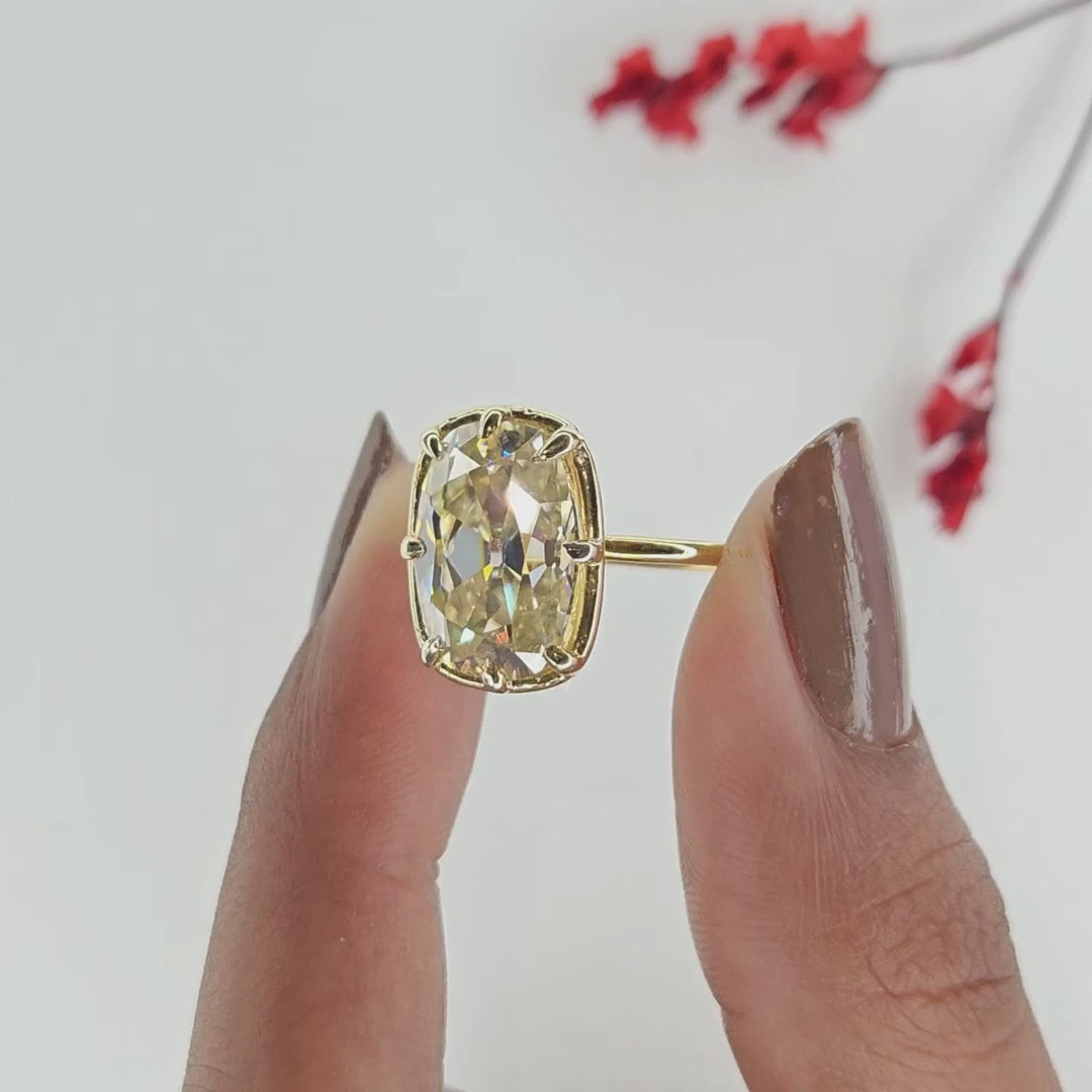 Cushion Cut Solitaire Lab Diamond Engagement Ring in Yellow Gold with Classic Seven Prong Setting