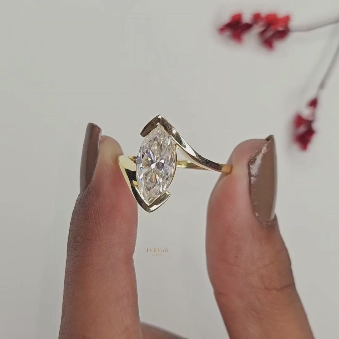 Marquise Cut Moissanite Diamond Bypass Ring with Pave Band