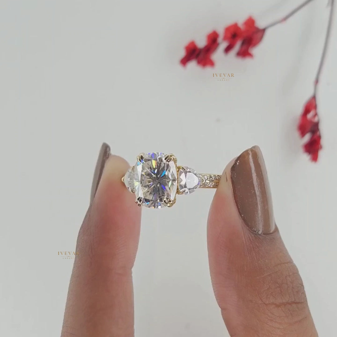 Cushion Cut Three Stone Lab Diamond Engagement Ring with Pavé Band