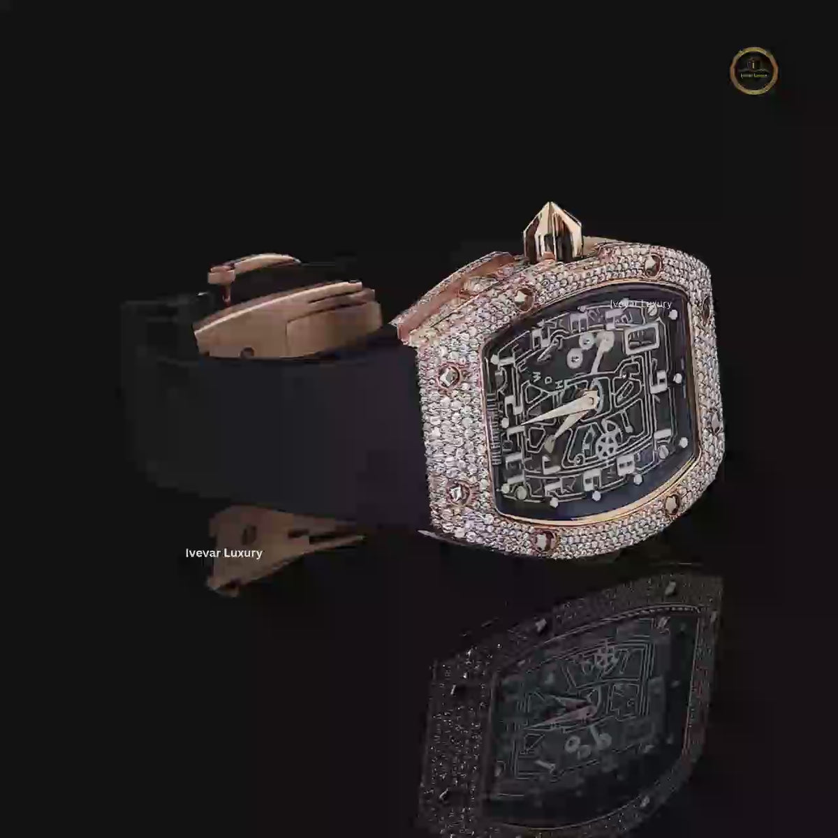Rose Gold Skeleton Automatic Watch with Diamond Bezel & Black Rubber Strap