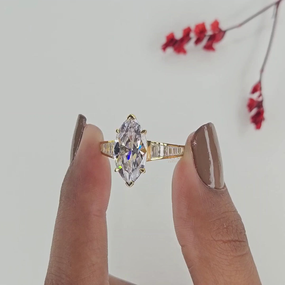 Marquise Cut Lab Diamond Ring with Channel Set Tapered Baguettes