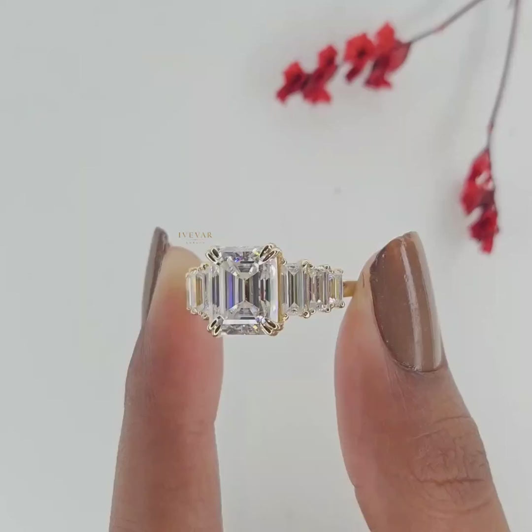 Emerald Cut Lab Diamond Seven Stone Ring in Gold