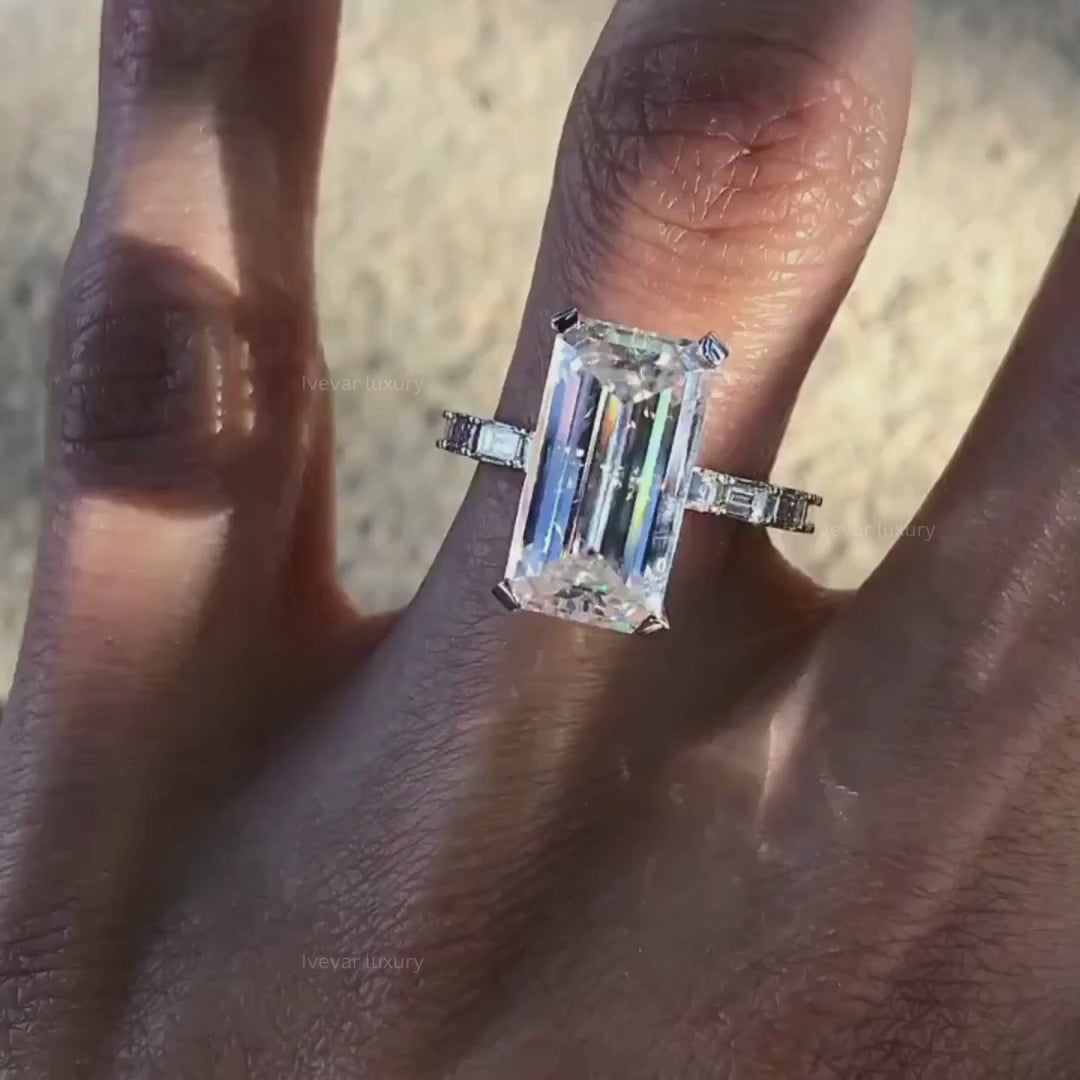 Emerald Cut Moissanite Diamond Engagement Ring With Baguette Sides