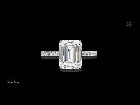 Micro Pave Emerald Cut Moissanite Diamond Solitaire Engagement Ring