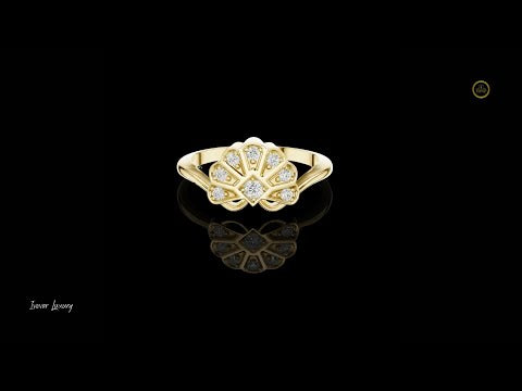 Art Deco Fan Moissanite Diamond Ring with Bezel Set Round Diamonds