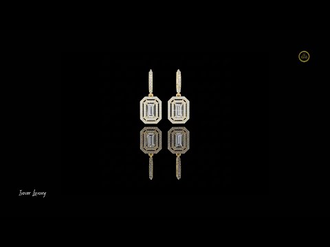Art Deco Octagonal Double Halo Emerald Cut Moissanite Diamond Huggie Drop Earrings