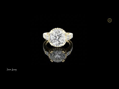 Halo Round Cut Moissanite Diamond Engagement Ring With Tapered Baguette Side Stones
