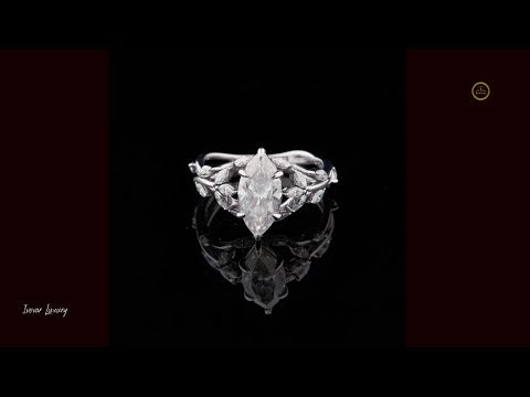 Marquise Cut Moissanite Diamond Solitaire Vine Ring with Leaf Accents