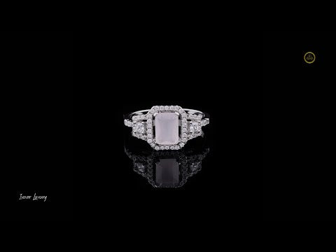Emerald Cut Halo Moissanite Diamond Ring with Split Shank Band