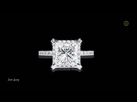 Princess Cut Halo Moissanite Diamond Ring with Pave Diamond Band