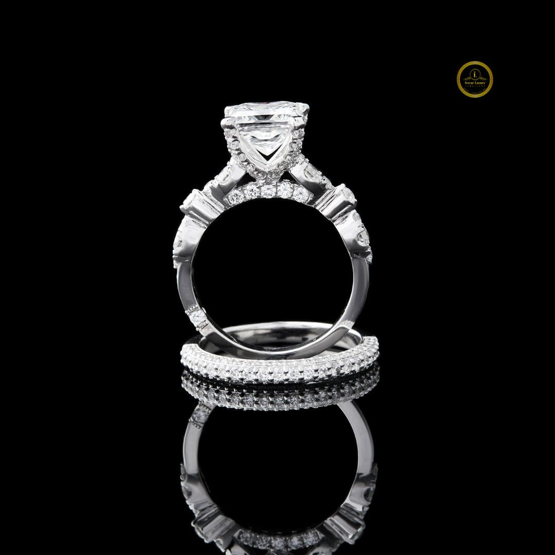 Princess Cut Lab Diamond Women's Pave Accent Bridal Ring Set - View 2