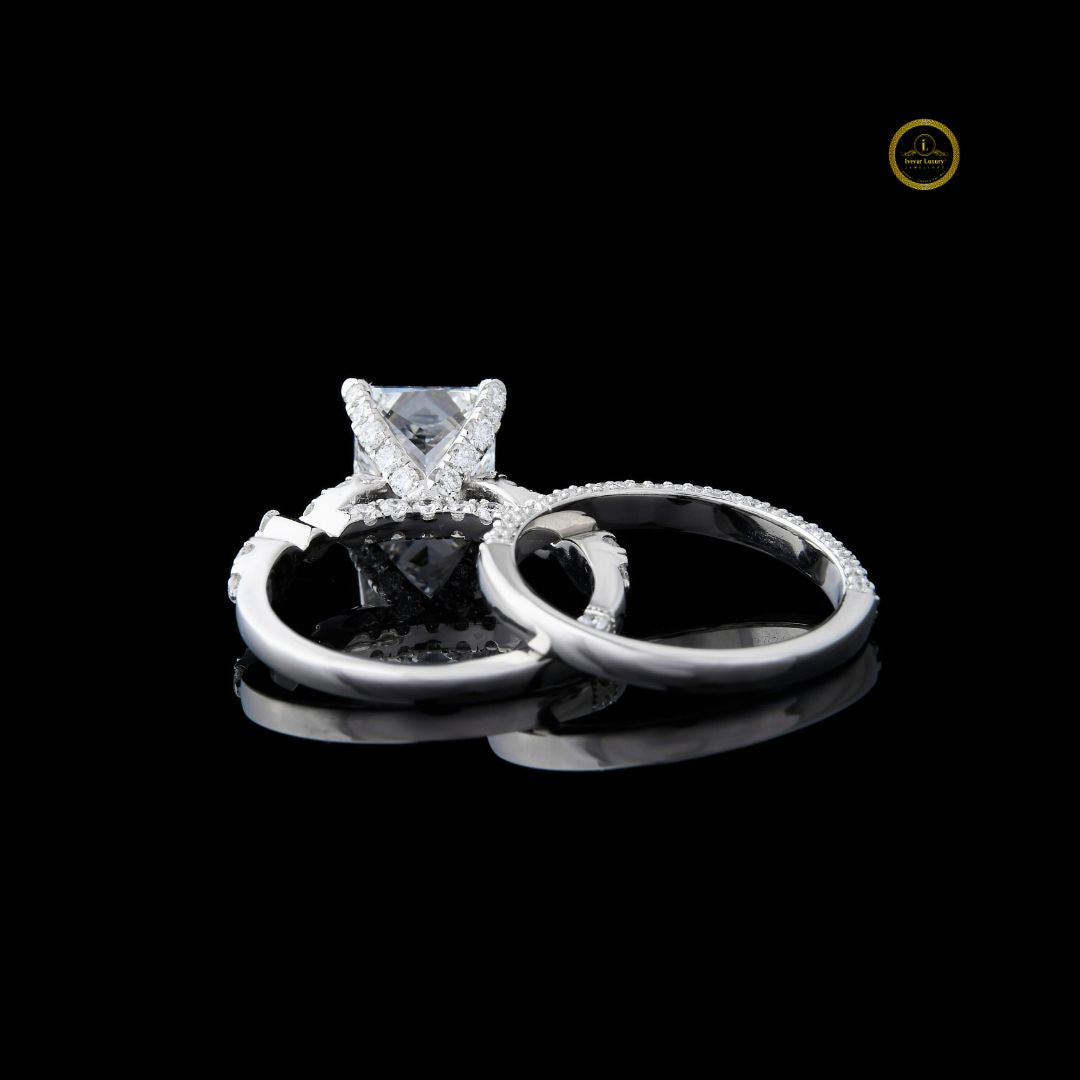 Princess Cut Lab Diamond Women's Pave Accent Bridal Ring Set - View 5