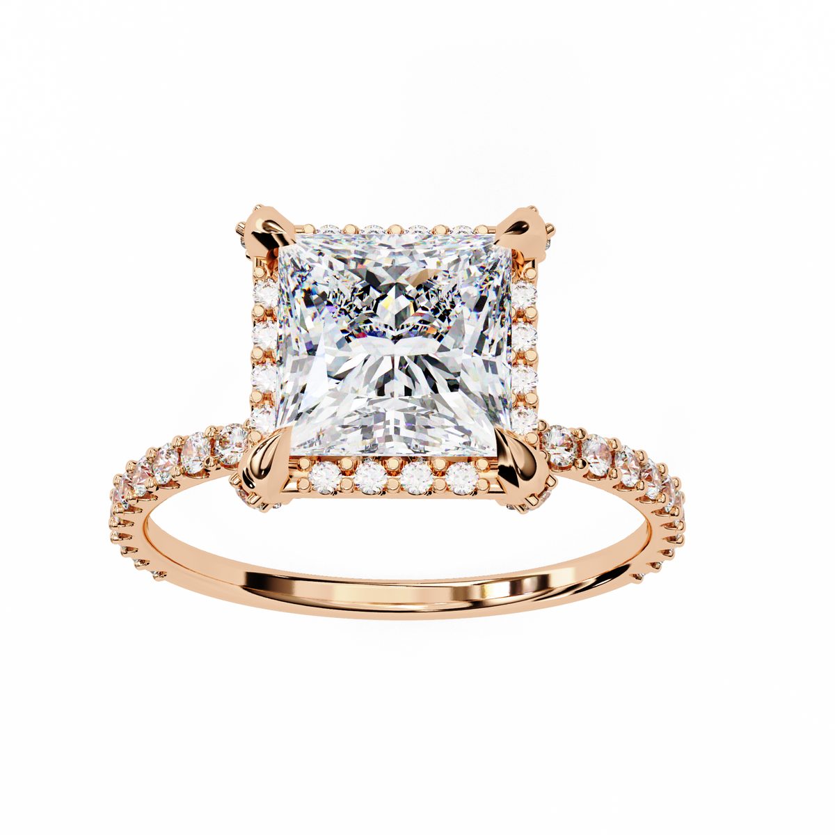 Rose gold ring with a large diamond and smaller diamonds