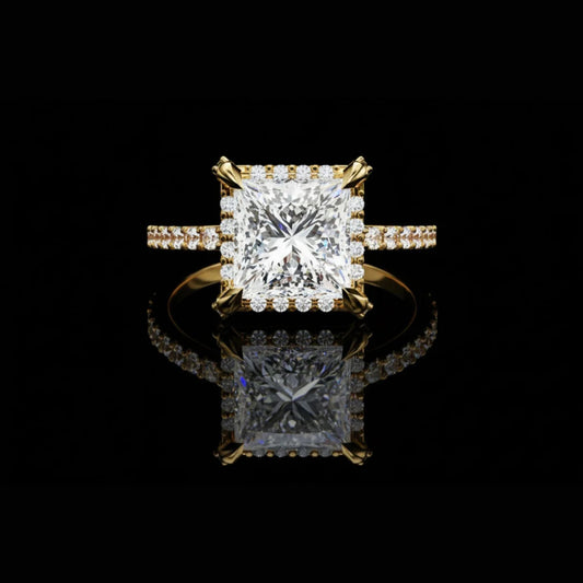 Princess Cut Halo Lab Diamond Ring with Pave Diamond Band