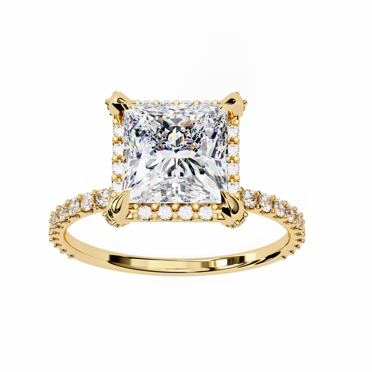 Gold ring with a large diamond and smaller diamonds 