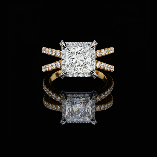 Princess Cut Halo Moissanite Diamond Double Band Ring