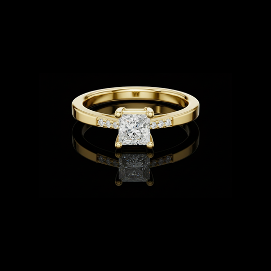 Princess Cut Moissanite Diamond Solitaire Engagement Ring with Pavé Band
