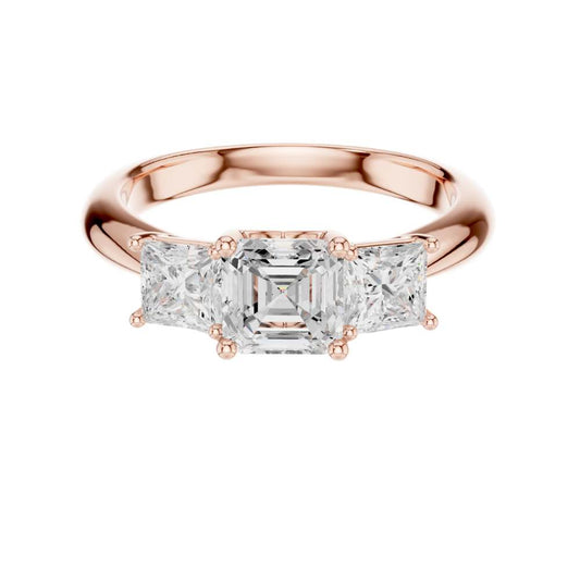 Asscher Moissanite Diamond Three Stone Ring With Princess Cut Side Stones - View 2