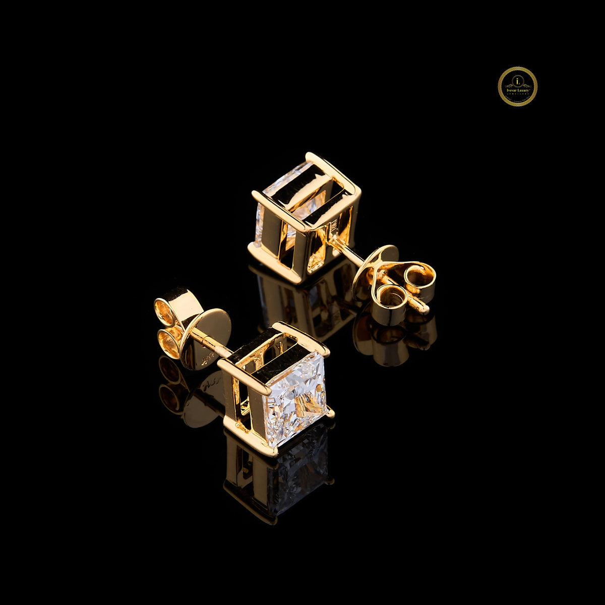 Royal Radiance Lab Grown Princess Cut Gold Stud Earrings By Ivevar - View 4