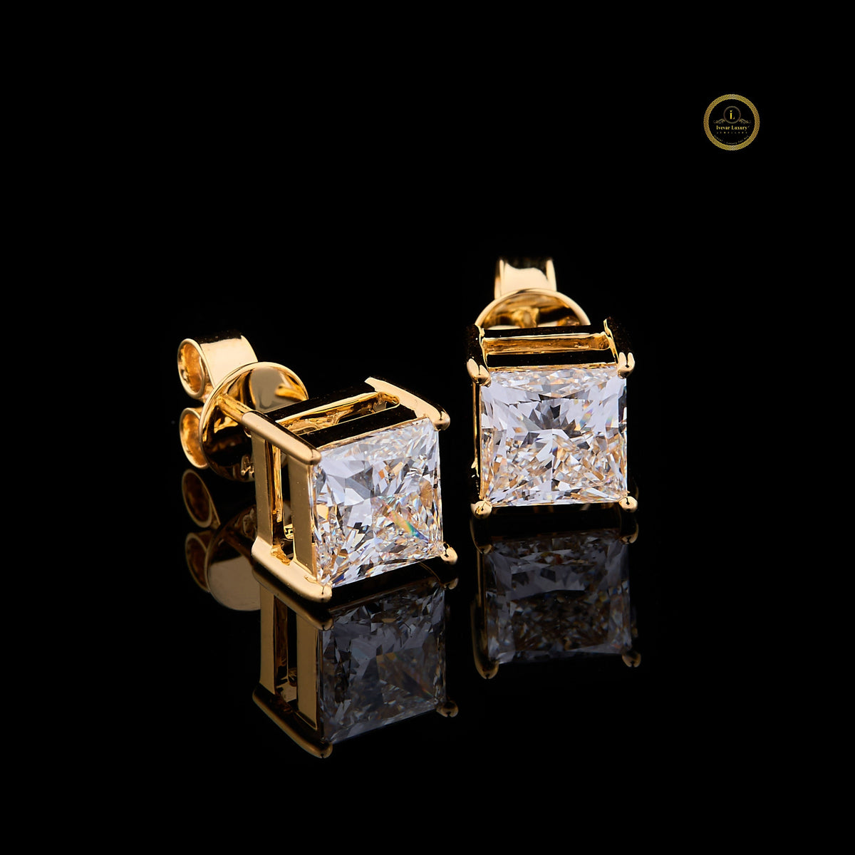 Royal Radiance Lab Grown Princess Cut Gold Stud Earrings By Ivevar - View 3
