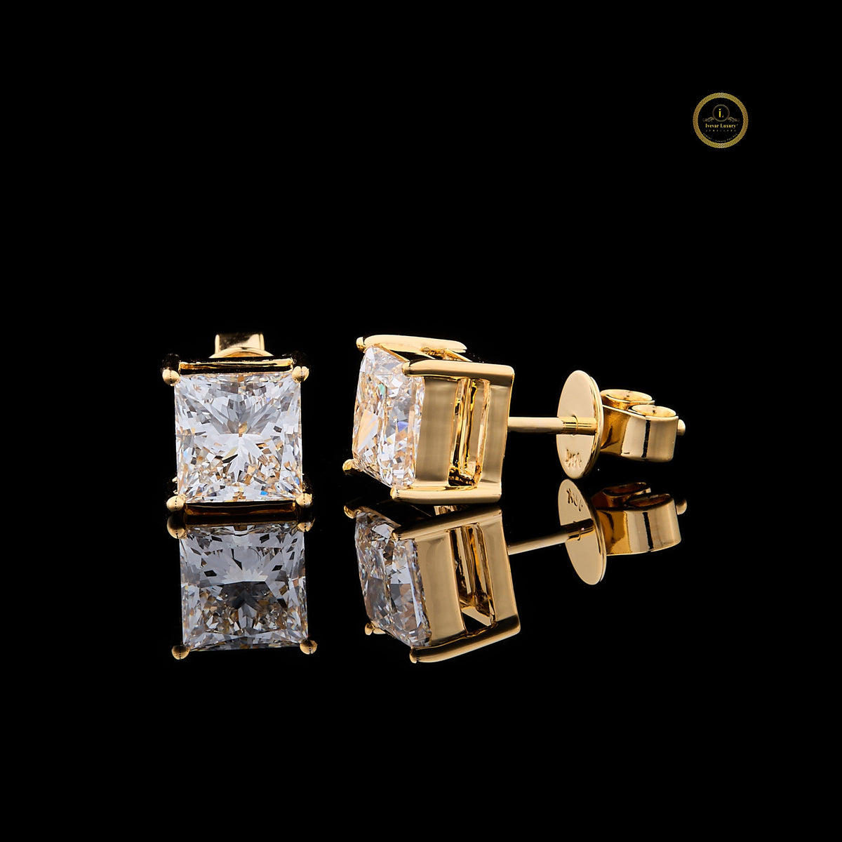 Royal Radiance Moissanite Princess Cut Gold Stud Earrings By Ivevar - View 2