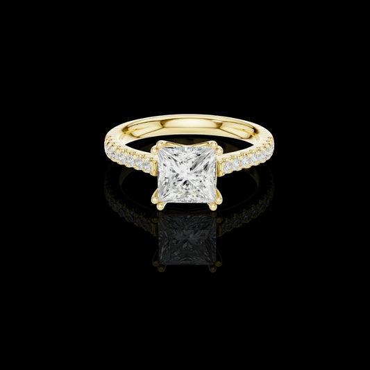 Princess Cut Lab Diamond Double Pave Solitaire Engagement Ring