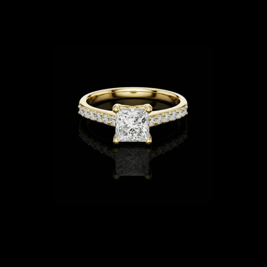 Princess Cut Solitaire Moissanite Diamond Engagement Ring Pave Band