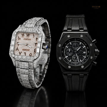 Luxury Statement Watch Duo – Silver Baguette Full Iced Automatic And Black Chronograph Watch By Ivevar
