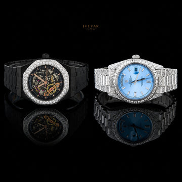 Luxury Black Skeleton And Ice Blue Crystal Watch Set Men's Watch Collection By Ivevar