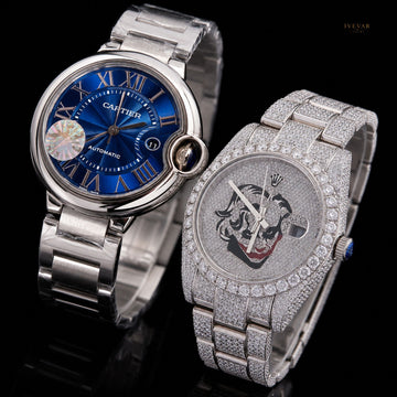 Blue Dial Automatic Watch And Full Ice Out Diamond Luxury Watch Duo By Ivevar