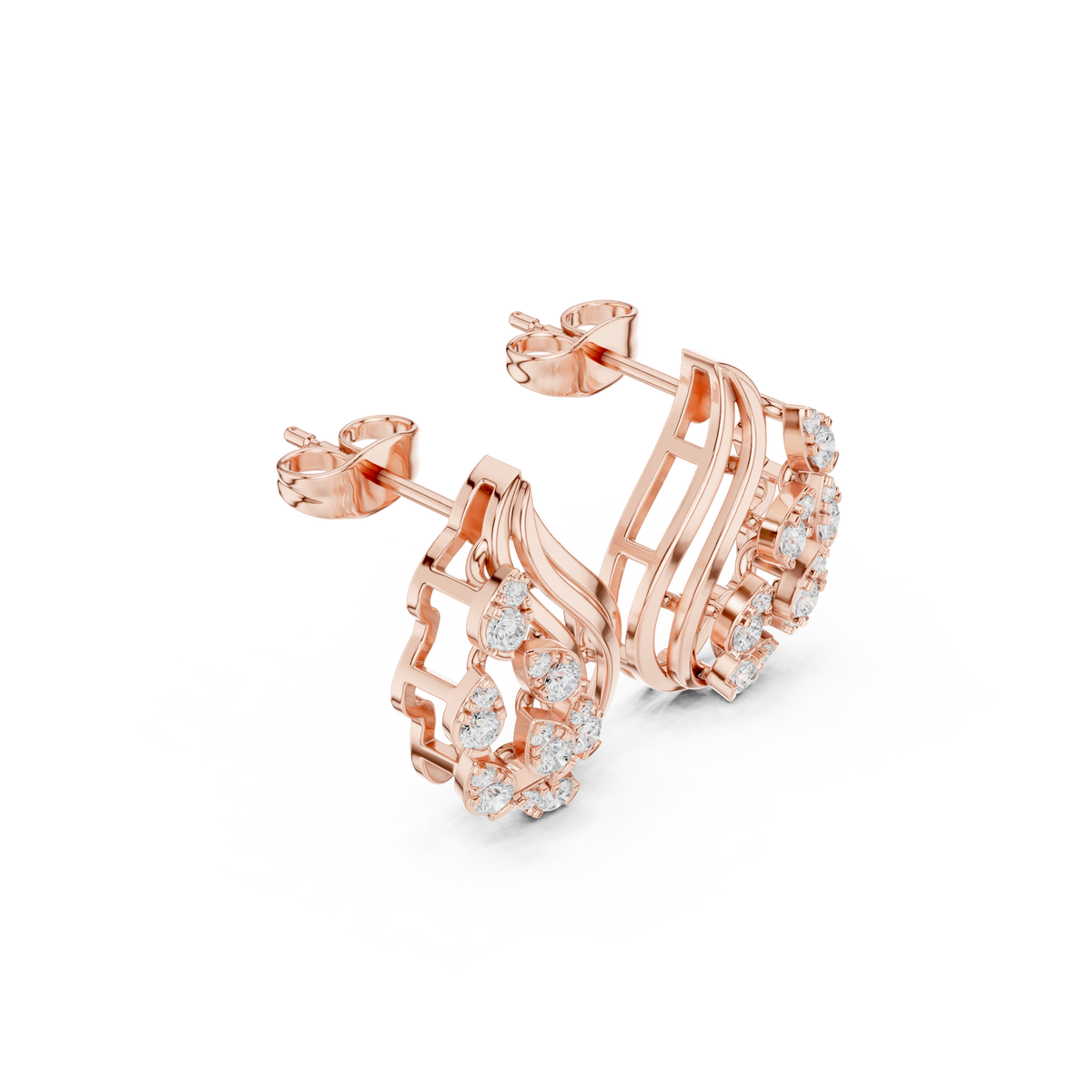 Modern Wave Round Lab Diamond Stud Earrings Flowing Flame Design - View 5