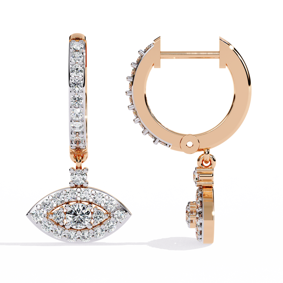 Evil Eye Pavé Moissanite Diamond Drop Huggie Earrings with Round Center Stone - View 5
