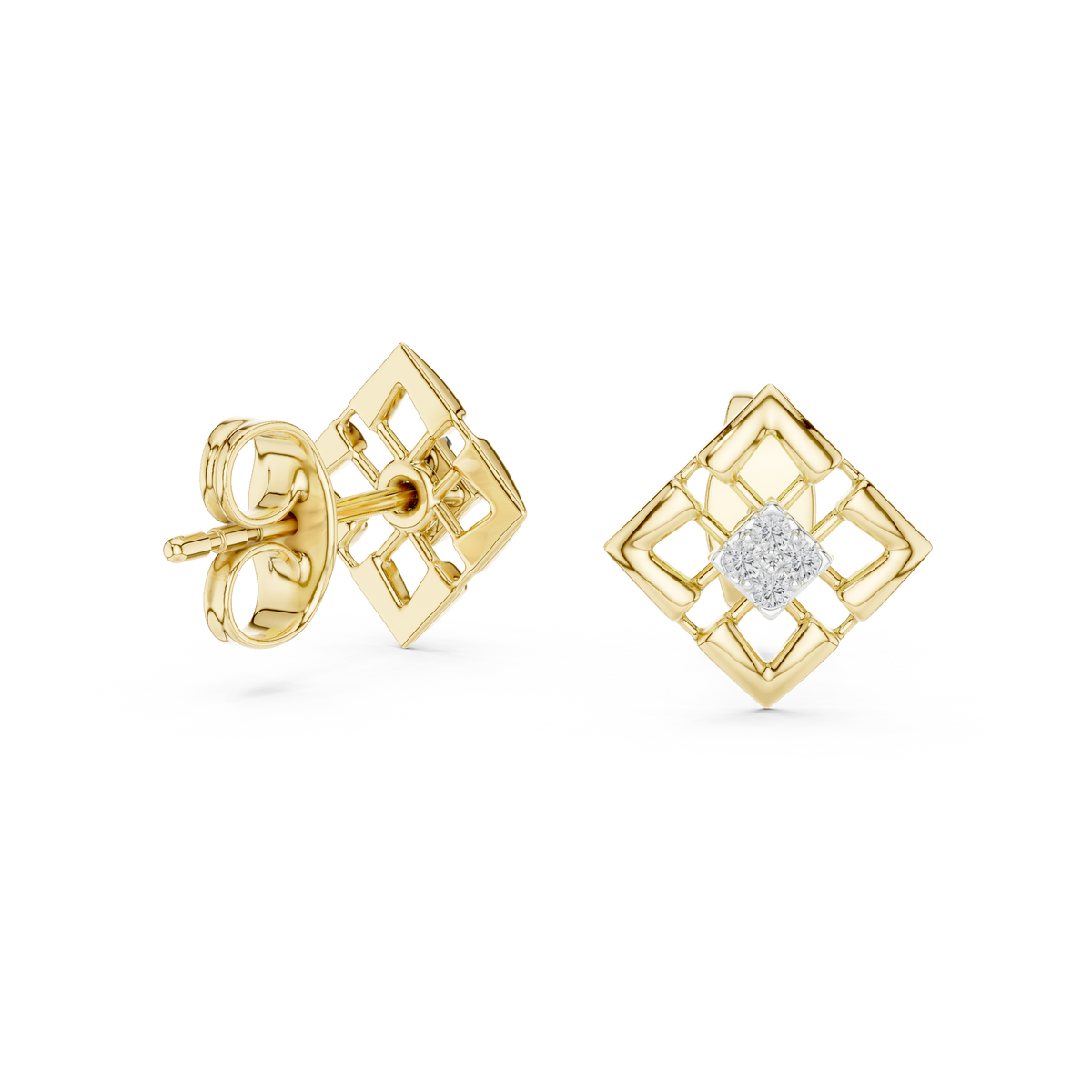Architectural Geometric Moissanite Round Diamond Frame Stud Earrings with Floating Accents - View 7