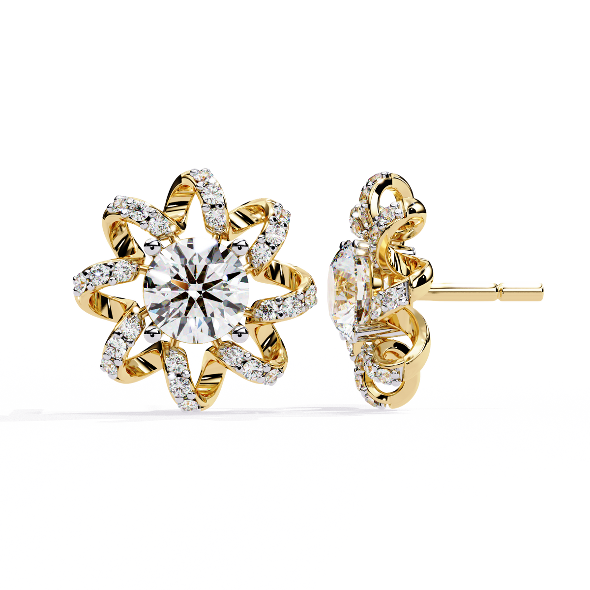 Elegant Floral Halo Stud Moissanite Earrings Featuring Round Cut Center Stones and Pave Crystal Petals - View 4