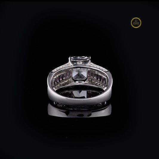 Radiant Cut Moissanite Diamond Ring With Three Row Pink Gemstone Band - View 2