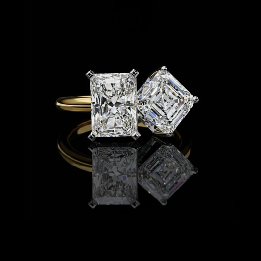 Radiant and Asscher Cut Moissanite Diamond Toi et Moi Engagement Ring