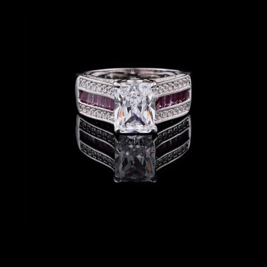 Radiant Cut Lab Diamond Ring With Three Row Pink Gemstone Band