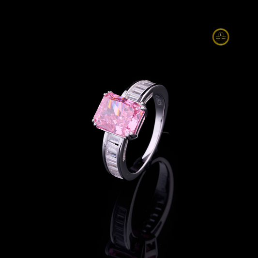 Fancy Vivid Pink Radiant Moissanite Diamond Ring With Baguette Channel Accents - View 2