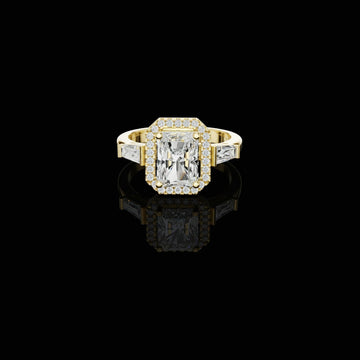 Radiant Cut Halo Lab Grown Diamond Ring with trapezoid Baguette Side Stones