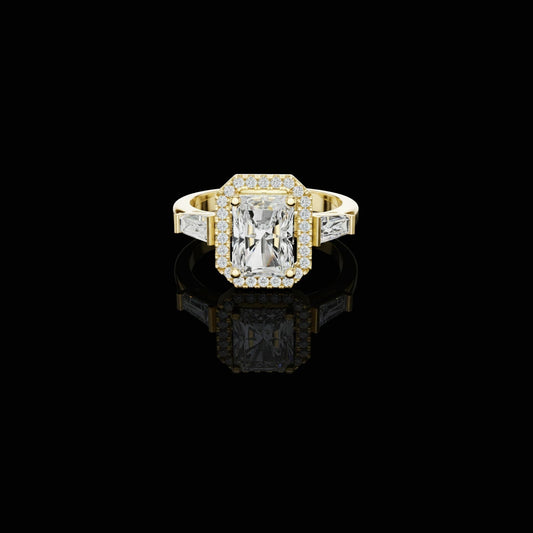 Radiant Cut Halo Moissanite Diamond Ring with trapezoid Baguette Side Stones