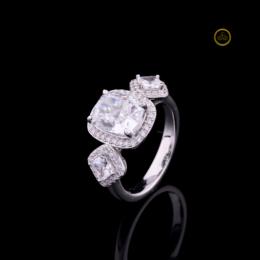 Cushion Cut Halo With Lab Diamond Three Stone Ring - View 2