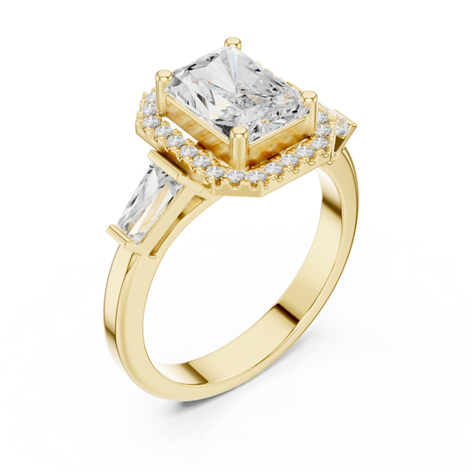 Radiant Cut Halo Lab Grown Diamond Ring with trapezoid Baguette Side Stones - View 2