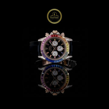 Custom Luxury Chronograph Timepiece with Multicolor Rainbow Gemstone Bezel, Black Dial, Moissanite Diamond-Accented Case, and Precision Subdials