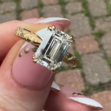 Dual Prong Emerald Cut Lab Diamond Engagement Ring With Engraved Band