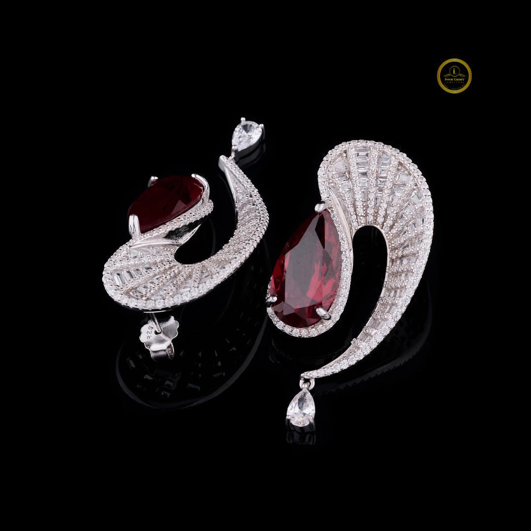 Swirl Red Gemstone Pear Drop Earrings with Pavé Moissanite Diamond Accents - View 2