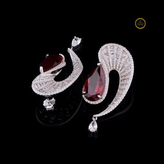 Swirl Red Gemstone Pear Drop Earrings with Pavé Moissanite Diamond Accents - View 2