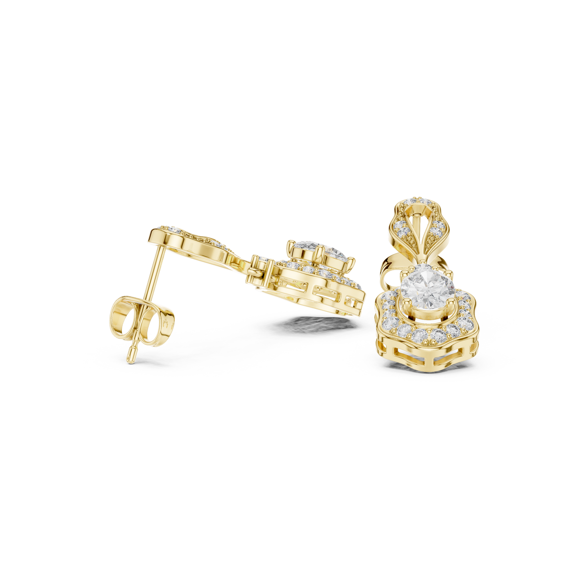 Vintage Art Deco Drop Lab Grown Diamond Hexagonal Halo Earrings - View 7
